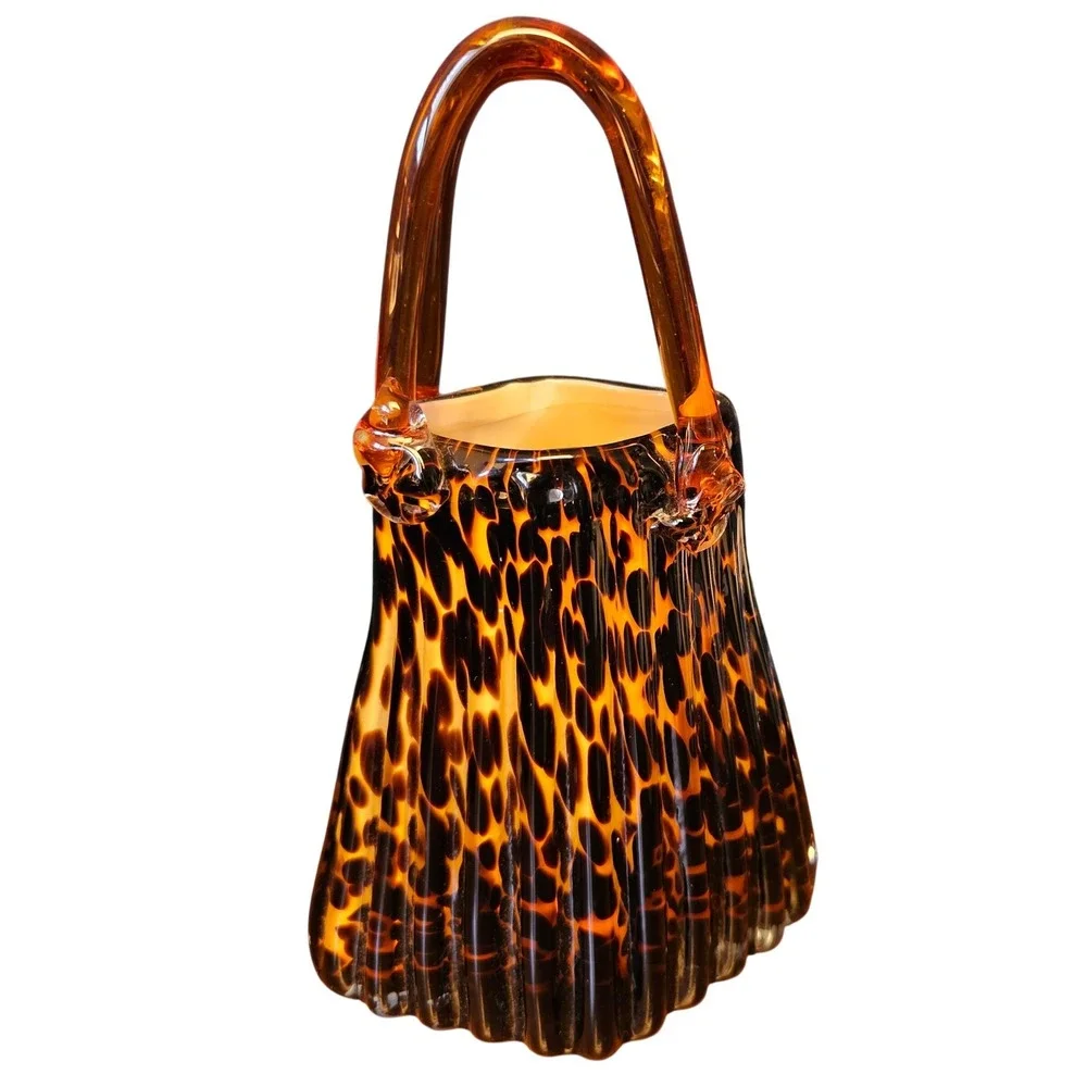 Vintage Art Glass Tortoiseshell Purse Vase Amber Brown Leopard Print Hand Blown